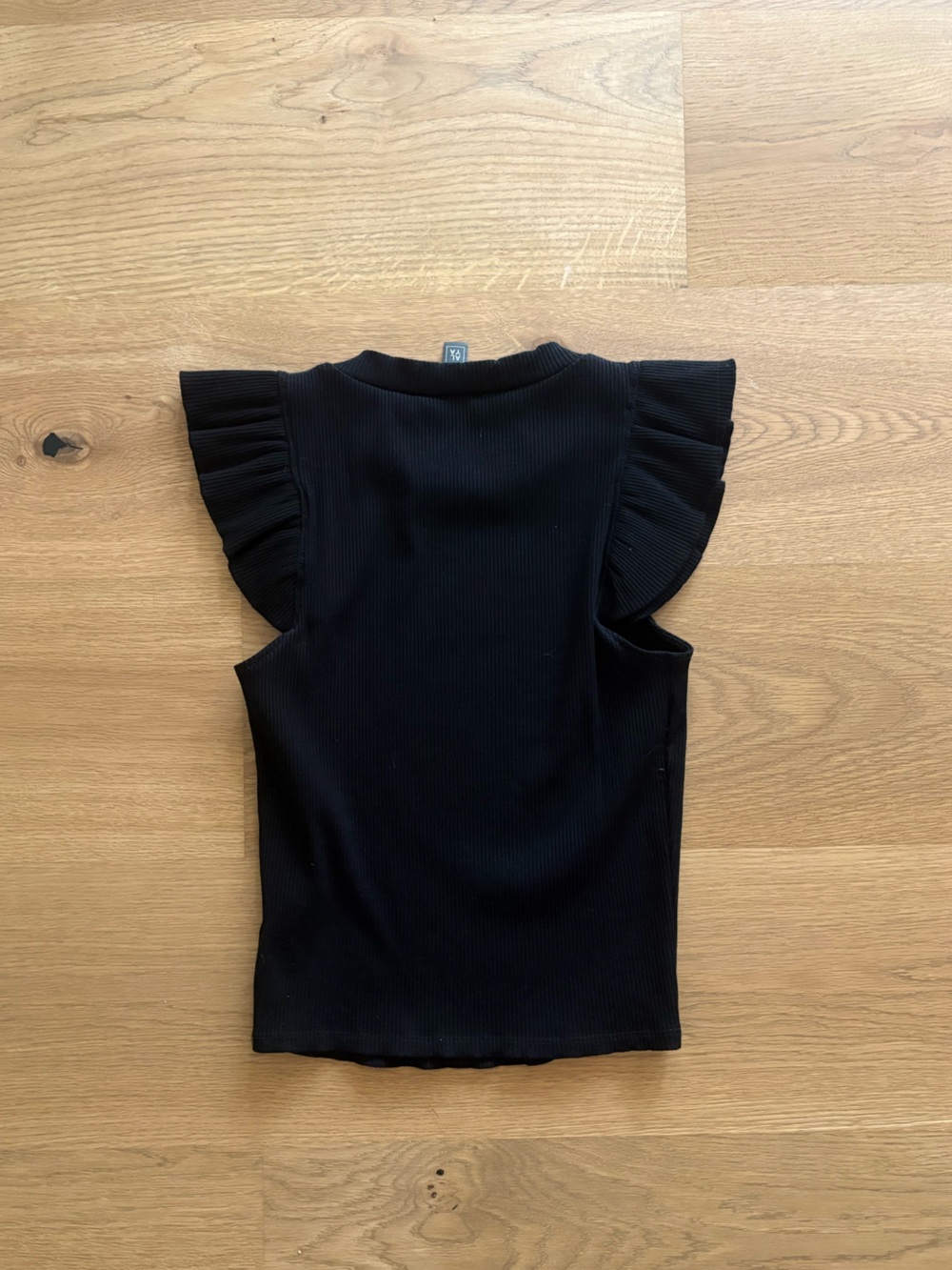 Black Ribbed Ruffle Sleeve Women's Top - Picture 2 of 3